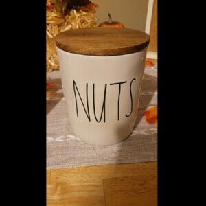 NEW Rae Dunn Nuts Cellar Wooden Lid Canister Pecans Almonds Nut Storage 6”